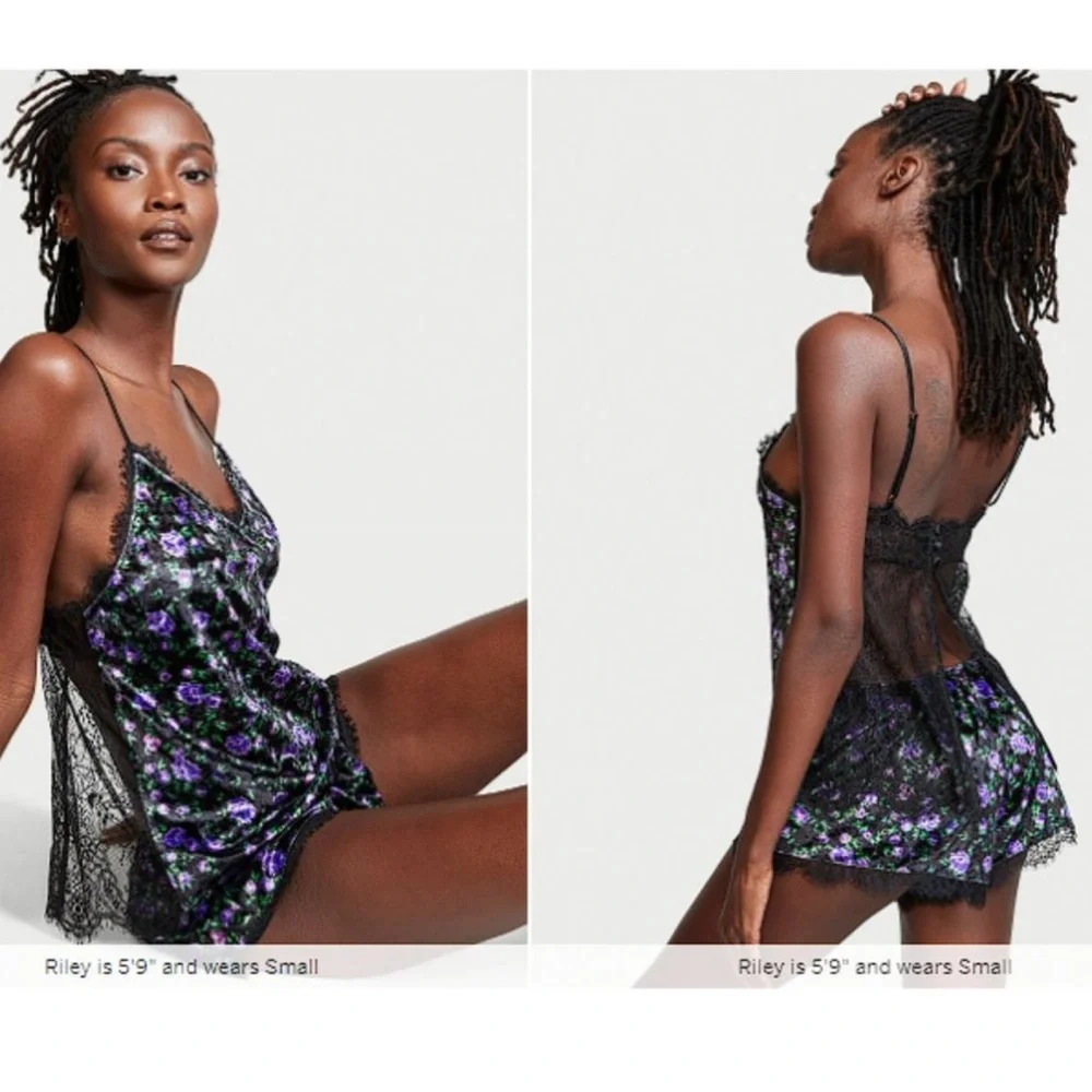 VICTORIAS SECRET Velvet Lace-Back Cami Set Black Purple Floral Women’s Med NWT